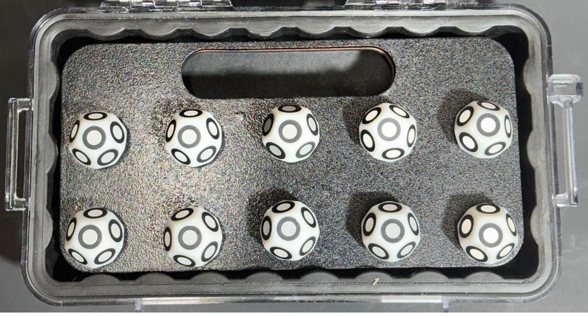 Top-down view of the PoseMark 20-pack — dice seated on the deployment tray inside its waterproof case